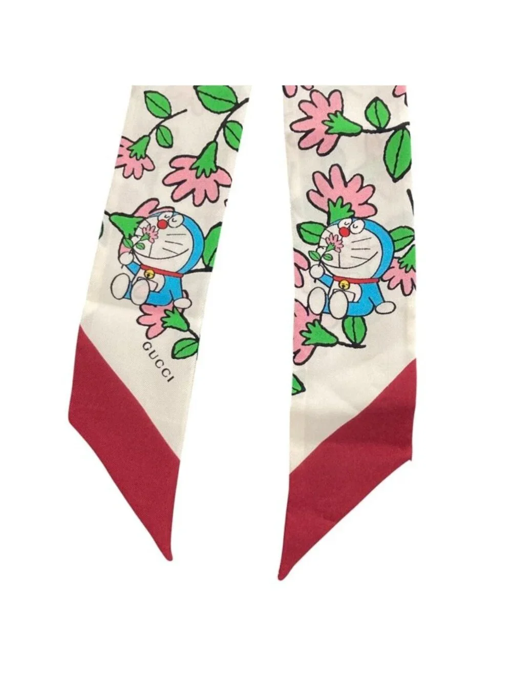 Gucci Doraemon Silk Flower Print Neck Bow Scarf White Multicolor